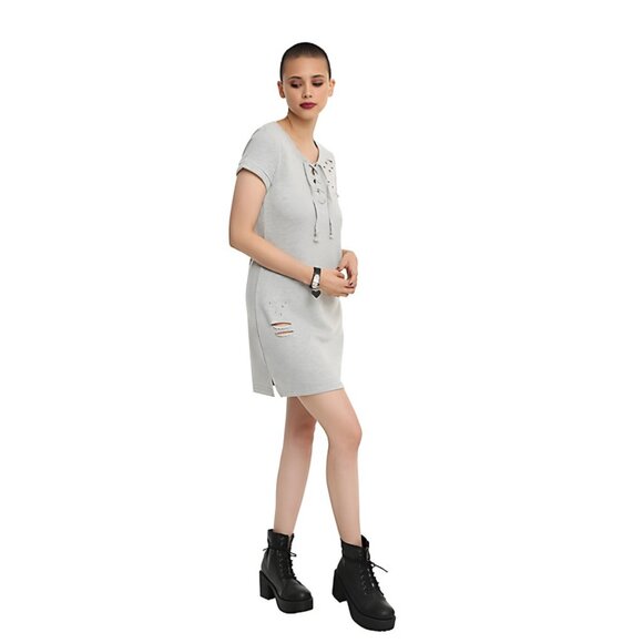 Almost Famous ✦ Grey Sweatshirt Dress ✦ Lace-Up Neckline + Distressed Details L - Picture 3 of 4